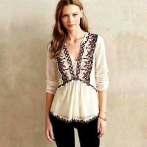 Anthro Akemi + Kin Embroidered Sheer Peasant Top